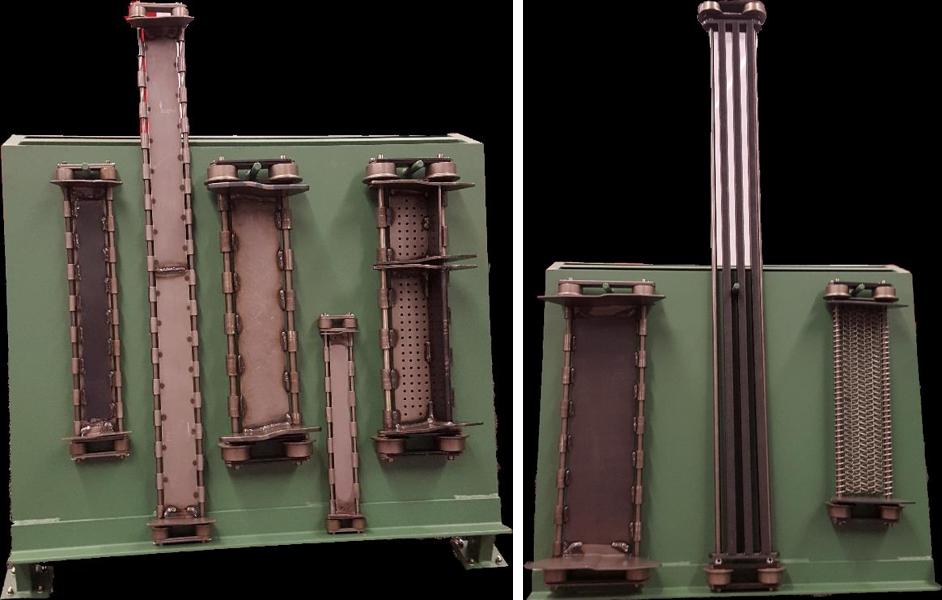 Transcon belt samples on display boards: welded pans, bar belt and woven wire mesh